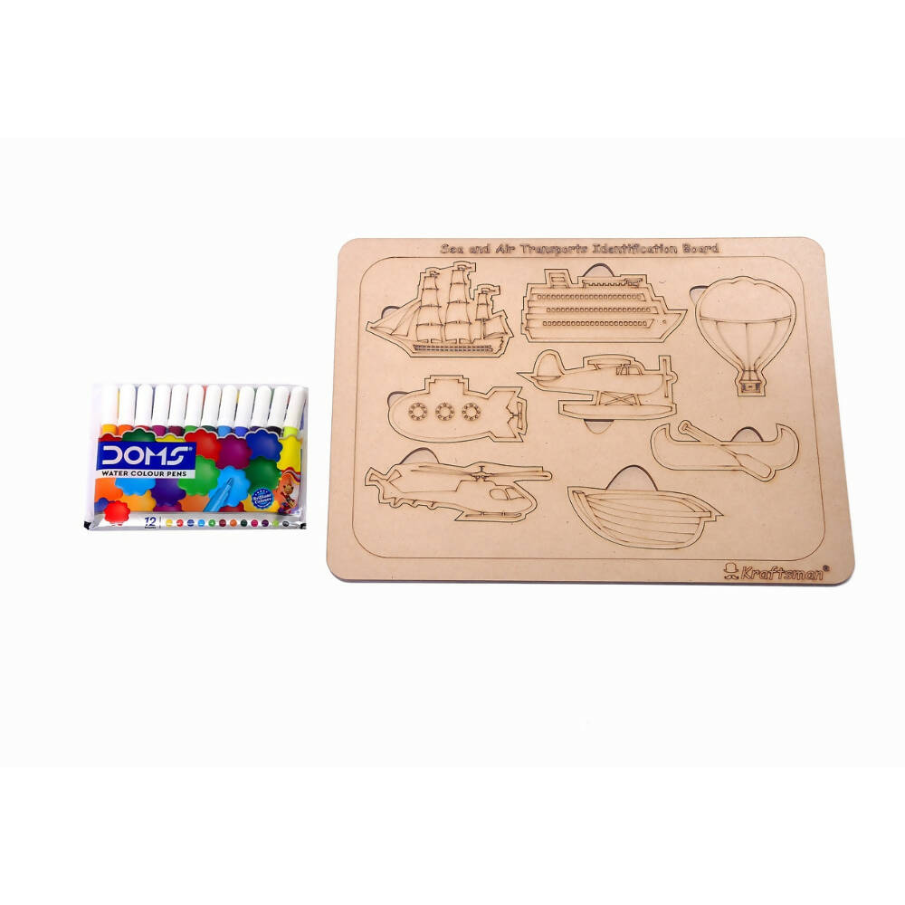 Wooden puzzle board with transportation-themed cutouts and a pack of colored pencils on a white background.