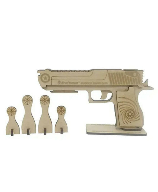Wooden model of a gun with four attachments on a white background