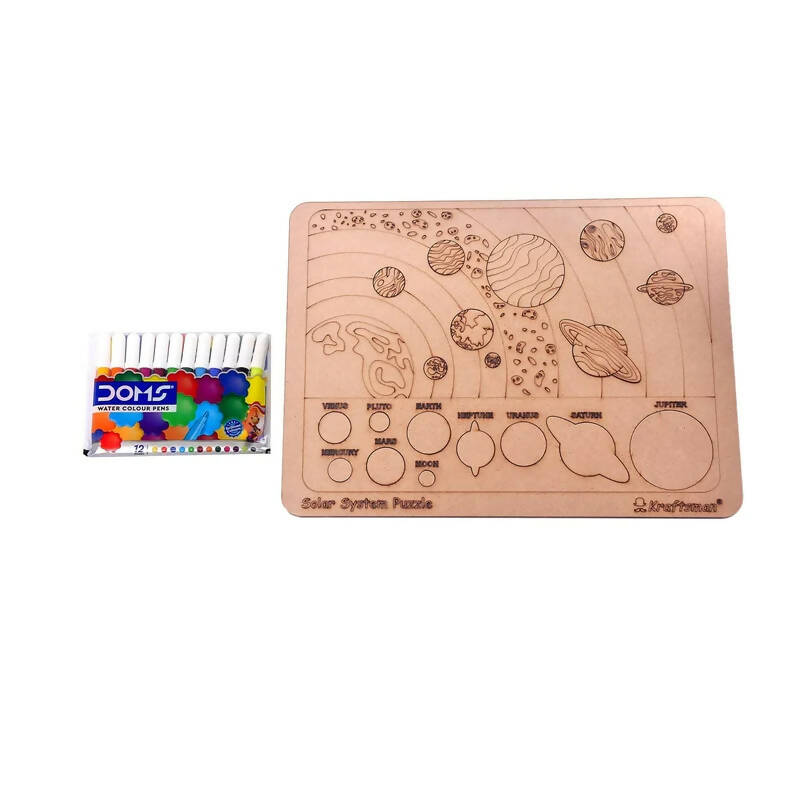 Wooden solar system puzzle with color cards on a white background