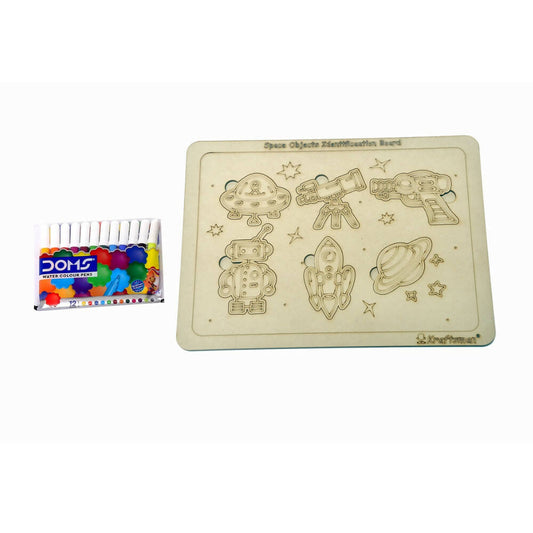 Wooden activity board with space-themed cutouts and a box of colorful markers on a white background