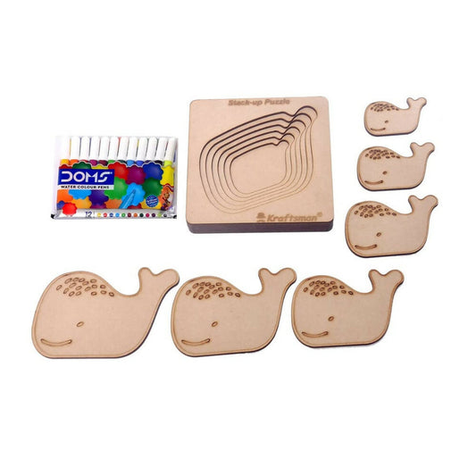 Wooden whale puzzle set with a box of crayons on a white background