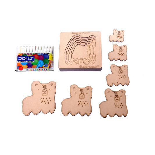 Set of wooden bear-shaped stamps with a box of colored pencils on a white background