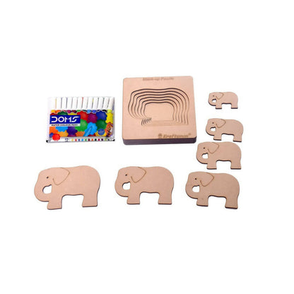 Set of wooden elephant shapes with a box and colorful items on a white background