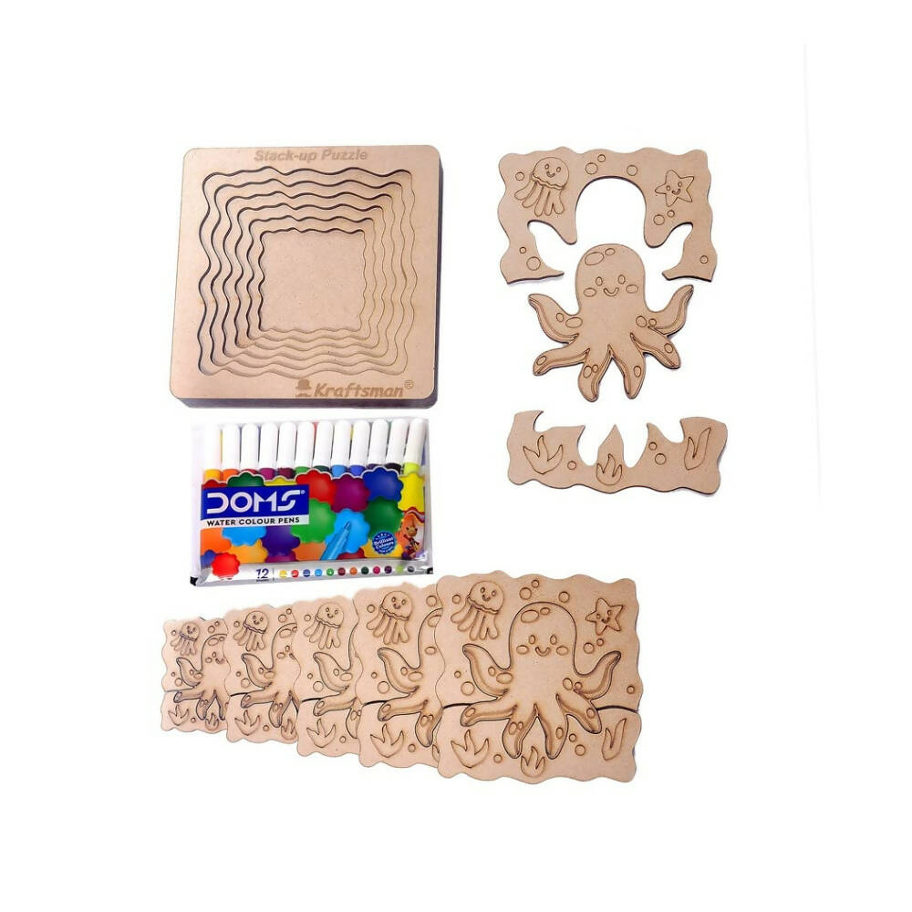 Wooden mold set with octopus design, packaging, and color swatches on a white background
