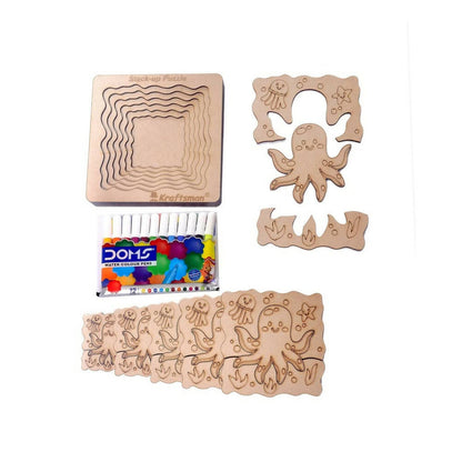 Wooden mold set with octopus design, packaging, and color swatches on a white background
