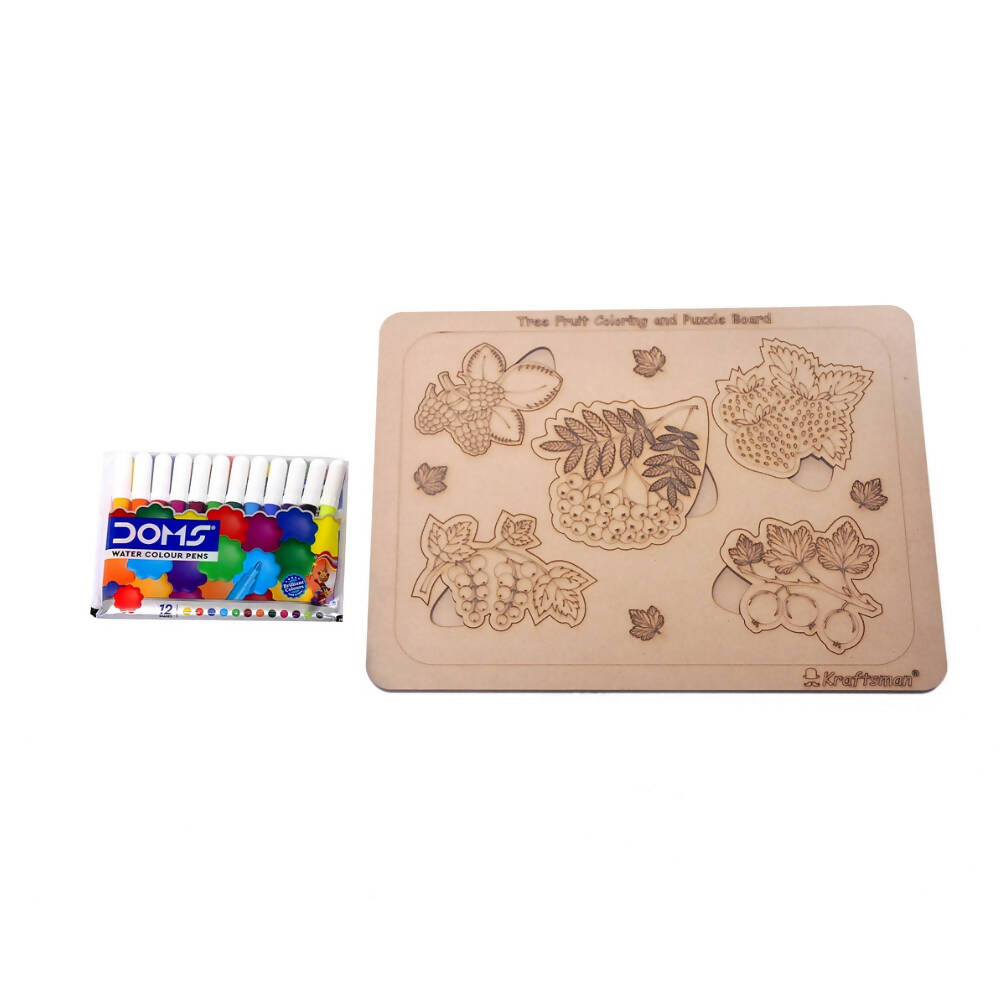Wooden puzzle board with leaf patterns and a container of colored pencils on a white background