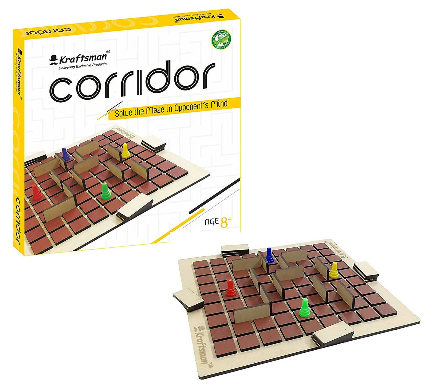 Kraftsman Corridor board game packaging with game board and pieces on a white background