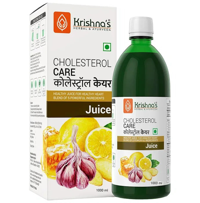 Krishna's Cholesterol Care Juice packaging with bottle and box on a white background
