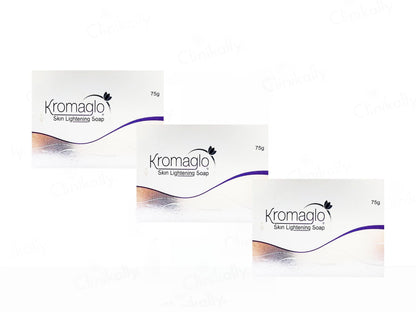 Three boxes of Kromaglo Skin Lightening Soap on a white background