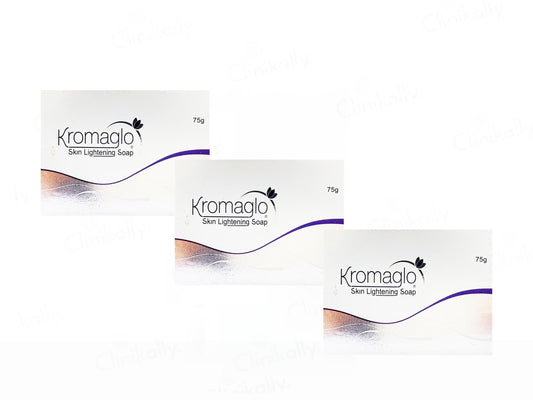 Three boxes of Kromaglo Skin Lightening Soap on a white background