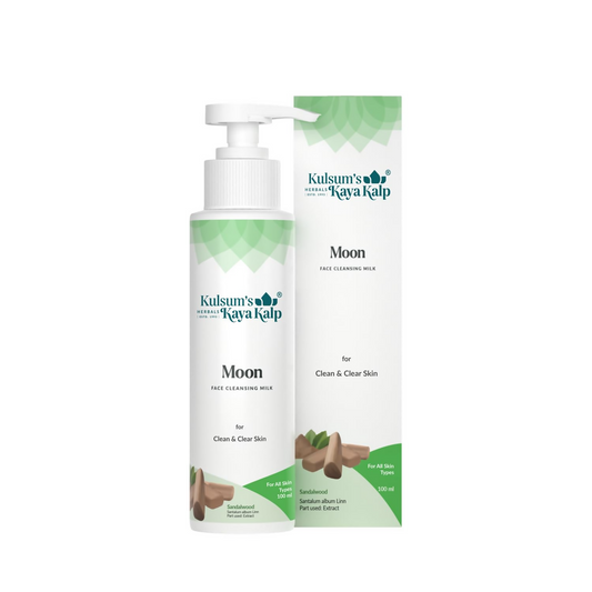 Kulsum's Raya Kalp Moon face cleansing milk bottle and box on a white background
