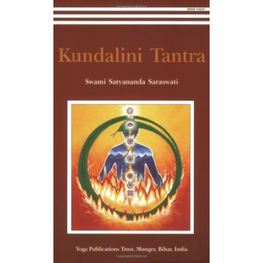 Book cover of 'Kundalini Tantra' with a diagram of chakras on a red background