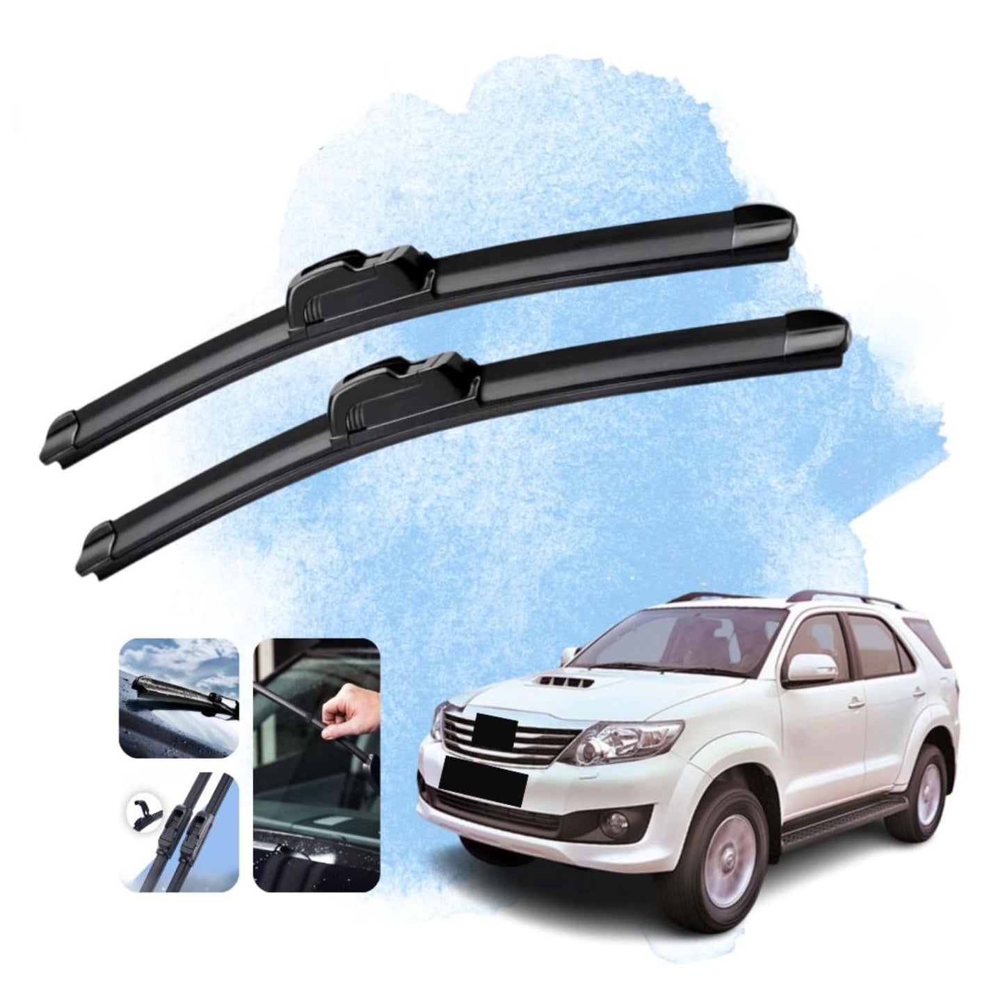 Two car wipers with a white SUV and close-up images on a light blue background