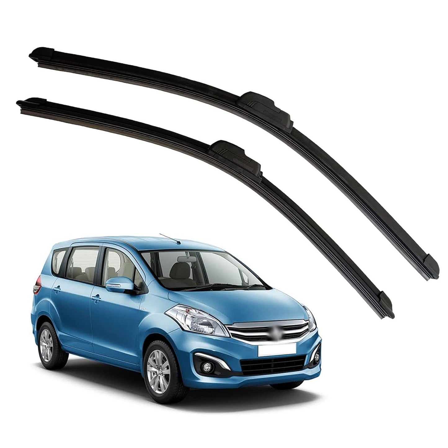 Two car wiper blades with a blue car in the background