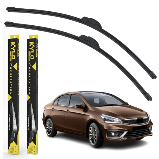 Two car wiper blades with a KYLO brand name and a brown car on a white background.