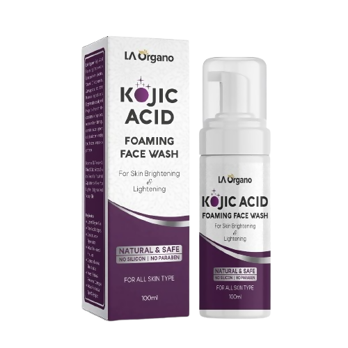LA Organo Kojic Acid Foaming Face Wash packaging and bottle on a white background