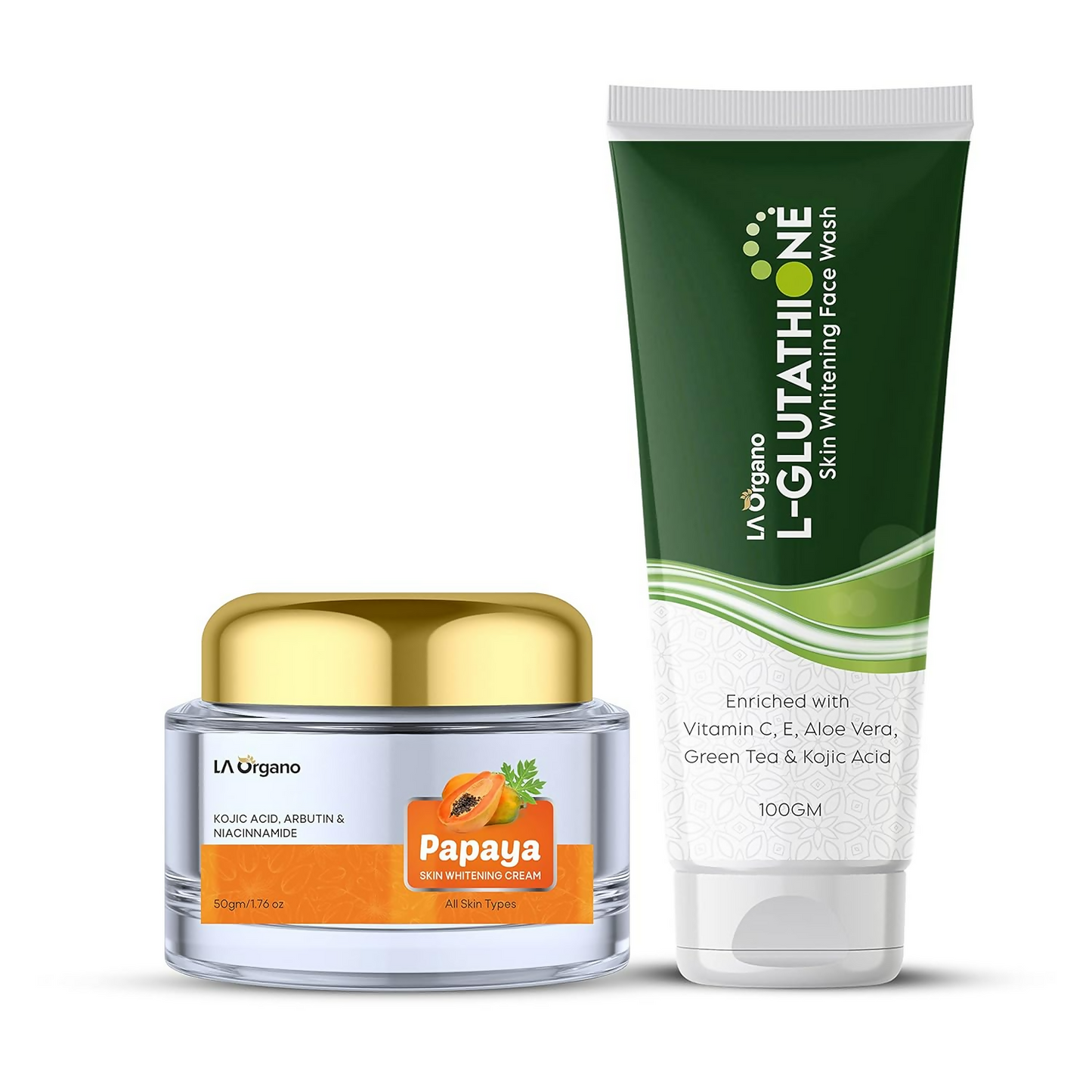 LA Organic Papaya face scrub and L-Glutathione skin whitening face wash on a white background