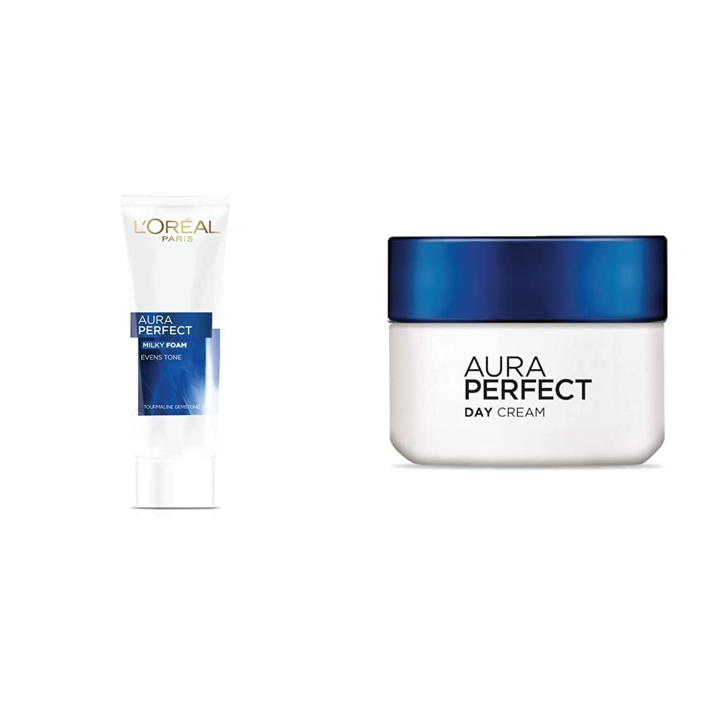 Two products from L'Oreal Paris, the Aura Perfect Milky Foam facewash in a tube and the White Perfect Day Cream in a jar, both with blue and white packaging.