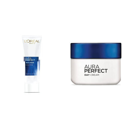 Two products from L'Oreal Paris, the Aura Perfect Milky Foam facewash in a tube and the White Perfect Day Cream in a jar, both with blue and white packaging.