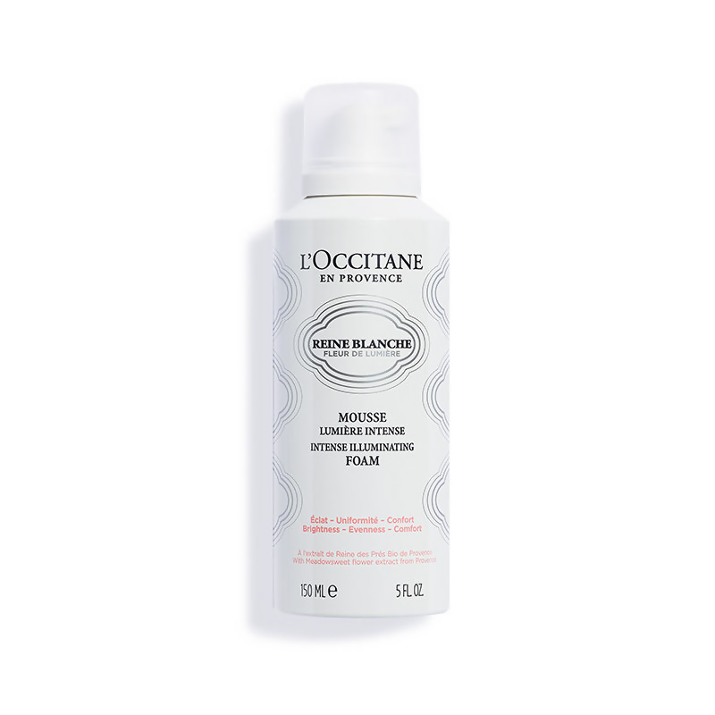 L'Occitane Reine Blanche Intense Illuminating Foam bottle on a white background