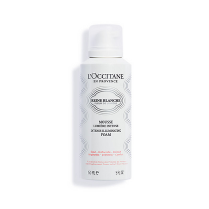 L'Occitane Reine Blanche Intense Illuminating Foam bottle on a white background