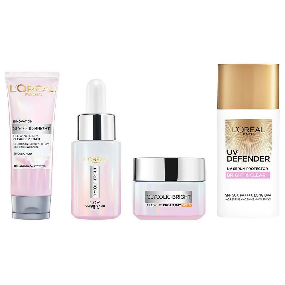 L'Oreal skincare products including cleanser, serum, cream, and protector on a white background