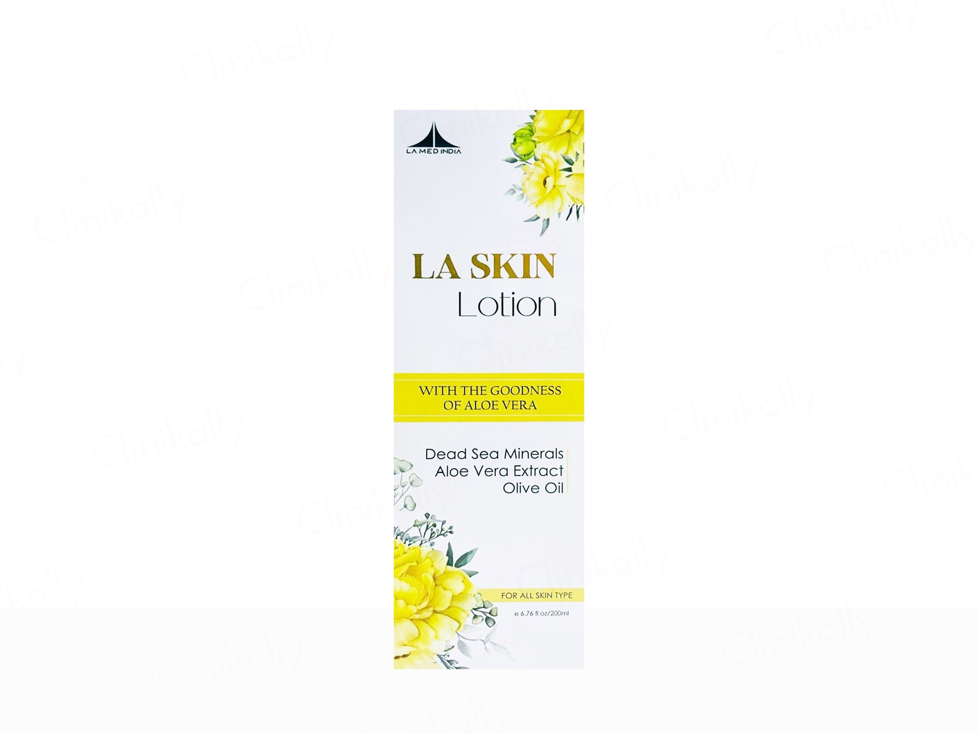 LA Skin lotion packaging with floral designs on a white background