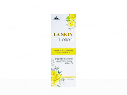 LA Skin lotion packaging with floral designs on a white background