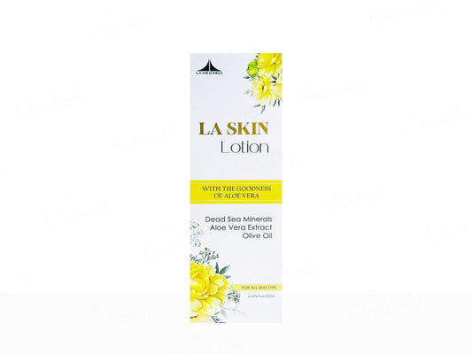 LA Skin lotion packaging with floral designs on a white background