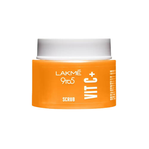 Orange jar of Lakme 9to5 scrub with white lid on a white background