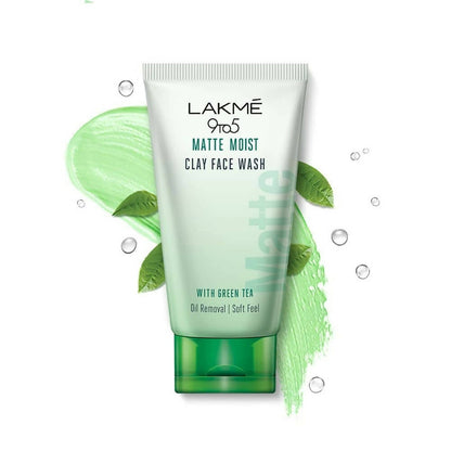 Lakme 9to5 Matte Moist Clay Face Wash with green tea on a white background