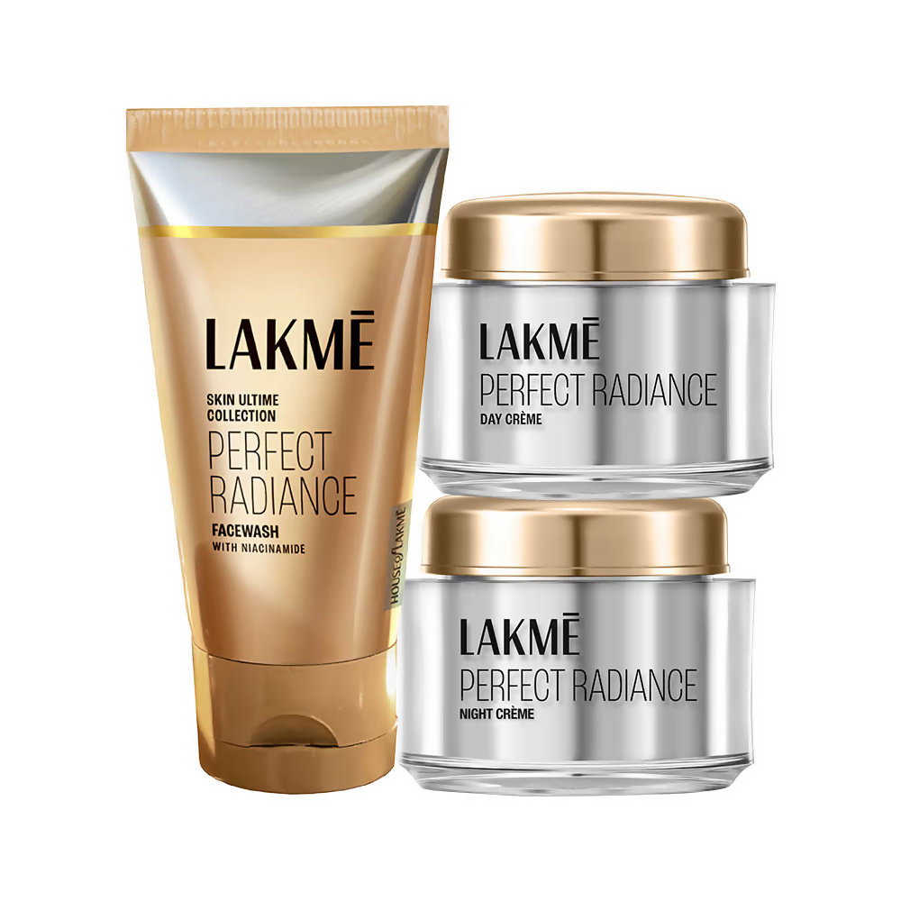 Lakme skincare products including a facewash and two creams on a white background