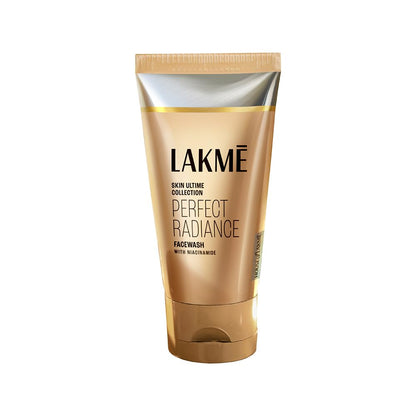 A tube of Lakme Absolute Perfect Radiance Skin Lightening Face Wash with a gold and white color scheme.