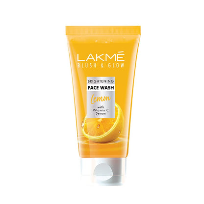 A tube of Lakme Blush & Glow Brightening Face Wash with lemon freshness, showing the product name and lemon graphics on the front.