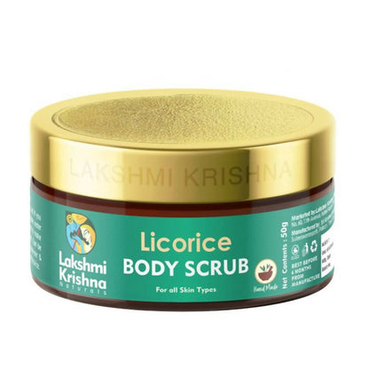 Lakshmi Krishna Licorice Body Scrub jar with gold lid on a white background