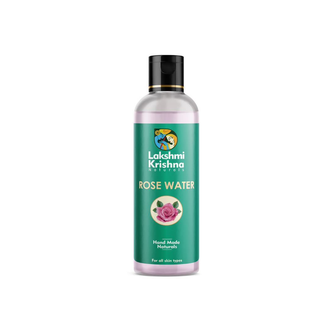 Bottle of Lakshmi Krishna Rose Water on a white background