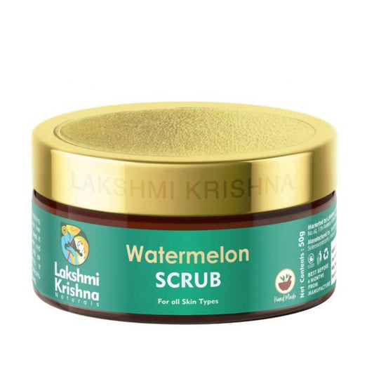 Lakshmi Krishna Watermelon Scrub jar with gold lid on a white background