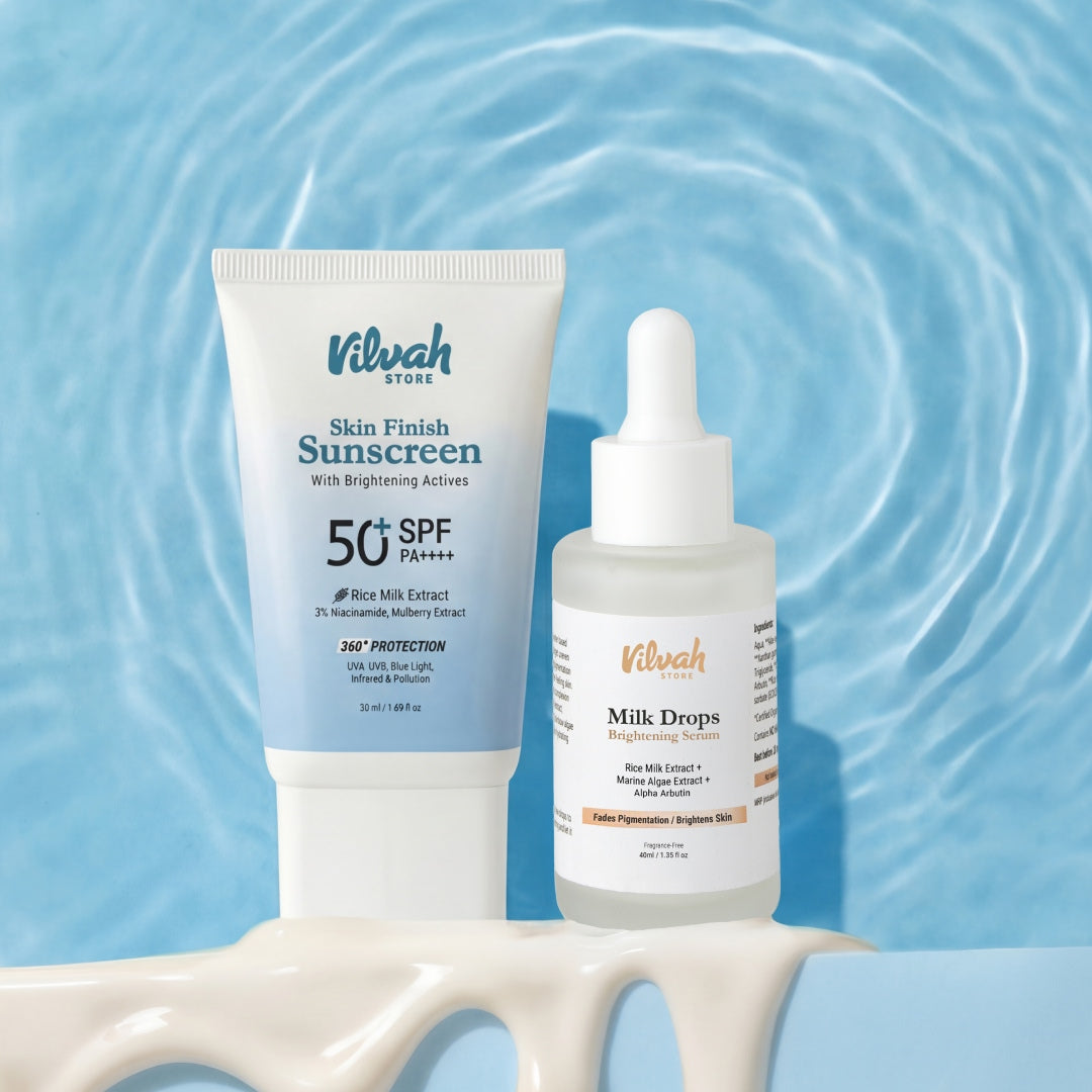 Vilvah skincare products on a blue water background
