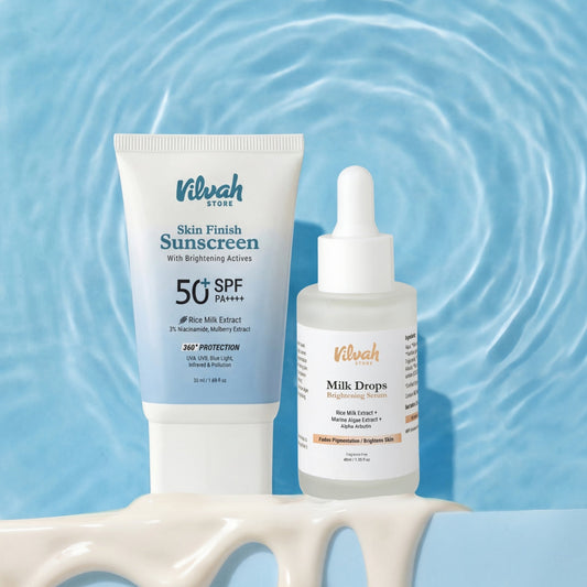 Vilvah skincare products on a blue water background
