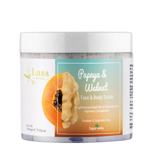 Jar of Papaya & Walnut Face & Body Scrub with a white lid on a white background