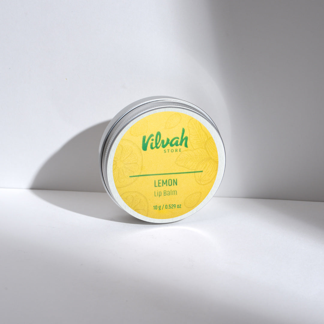 Vilvah Lemon Lip Balm container on a white background