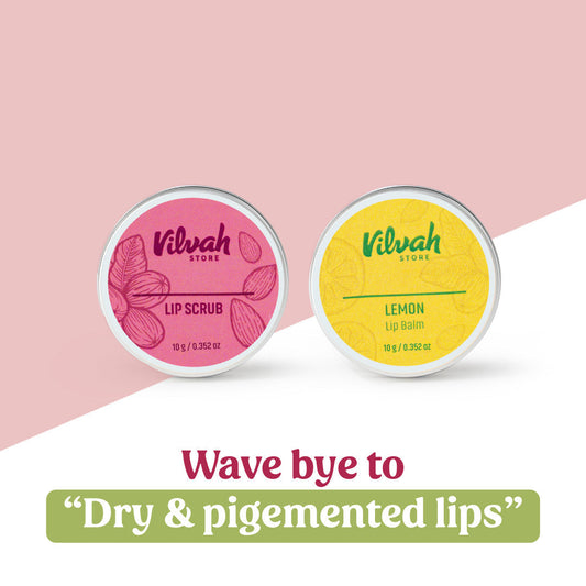 Two lip care products from Vilvah Store on a pink and white background with text promoting lip care.