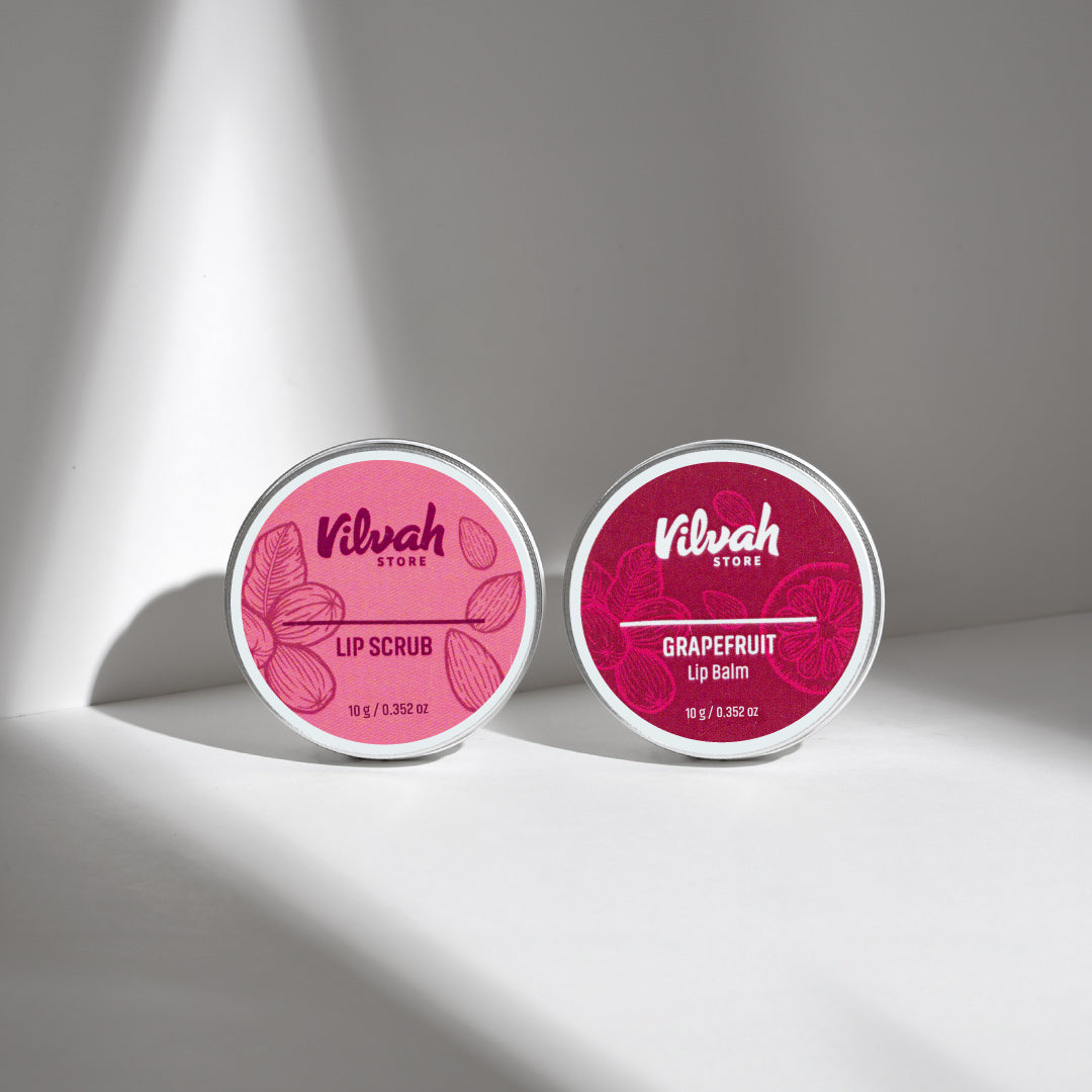 Two lip care products from Vilvah Store on a light gray background