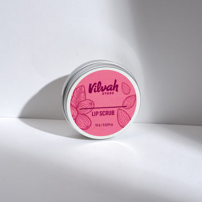 Lip scrub container with pink label on a white background