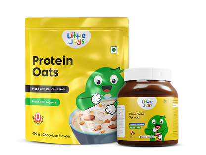 Little Joys Protein Oats package and Chocolate Spread jar on a white background