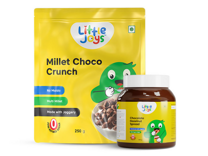 Little Joys Millet Choco Crunch packaging and chocolate hazelnut spread jar on a white background
