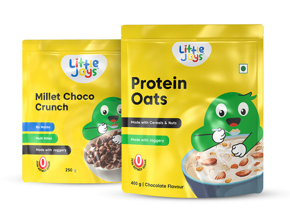 Two packages of Little Joys cereal, one with Millet Choco Crunch and the other with Protein Oats, on a white background.
