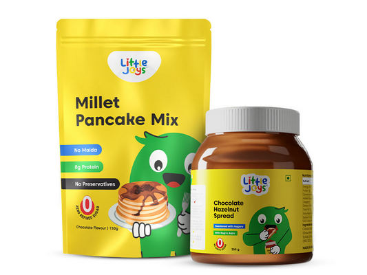 Millet Pancake Mix packaging and Chocolate Hazelnut Spread jar with 'Little Jugs' branding on a white background.