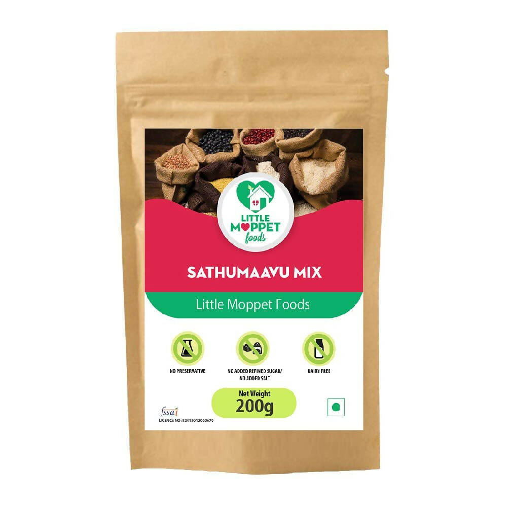 Kraft paper packaging of Sathumaayu Mix by Little Moppet Foods on a white background