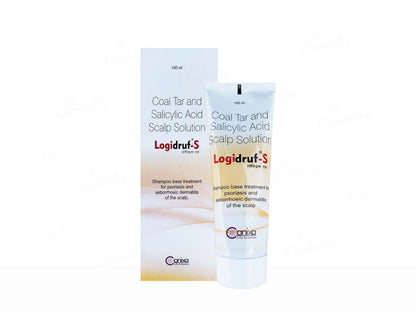 Logidrut-S coal tar and salicylic acid scalp solution packaging on a white background
